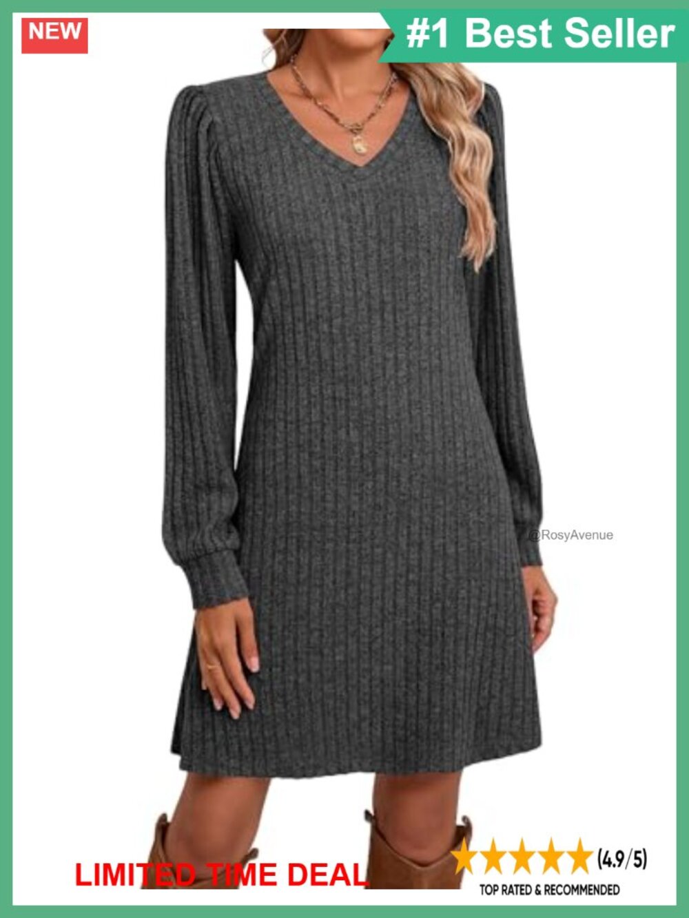 V-Neck Long Sleeve Sweater Dress Above Knee Casual Fall
